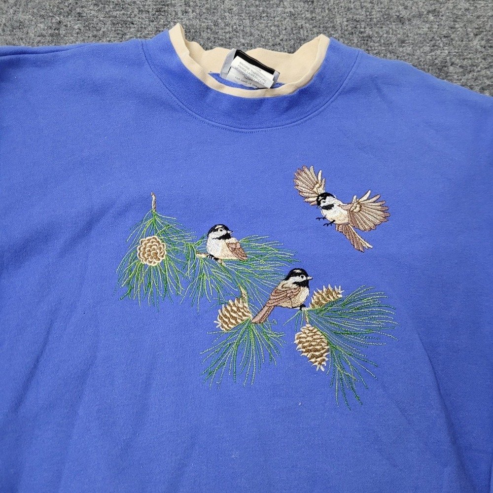 Unbranded Sweatshirt Womens Size L Blue Embroidered Bird Nature Scene Crewneck